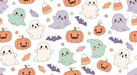 Fototapeta premium Spooky Cute Kids Pastel Halloween Seamless Pattern with Kawaii Ghosts, Pumpkins, Bats, Candy Corn Background