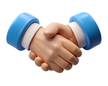 3d icon of a 3d rendered handshake with blue cuffs and white shirt isolated on transparent background