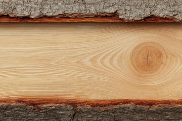 A cross-section of a wooden plank revealing a smooth surface with a prominent knot and detailed grain framed by the tree's natural rough outer bark
