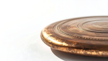 A detailed close-up of an ancient circular copper object, highlighting the rich patina and engraved concentric rings against a white backdrop