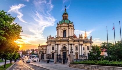 Fototapeta premium St. Nicholas Church in Prague during Sunset: A stunning view of baroque architecture and city lights