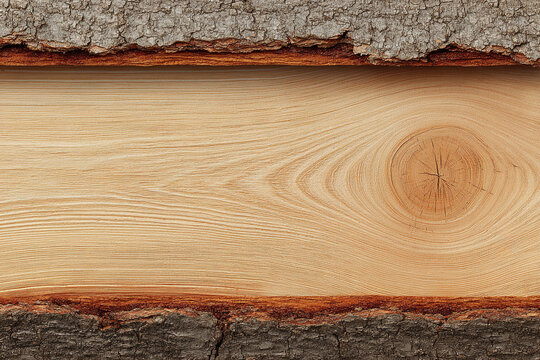 A cross-section of a wooden plank revealing a smooth surface with a prominent knot and detailed grain framed by the tree's natural rough outer bark