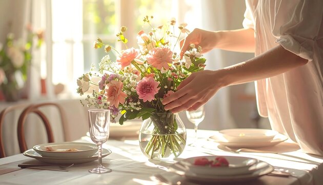 Sunlit Table Setting with Floral Arrangement and Gentle Hands - Powered by Adobe
