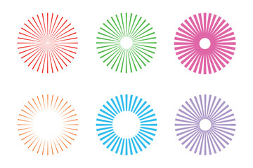 Six circular artistic designs with radial patterns and starburst effects