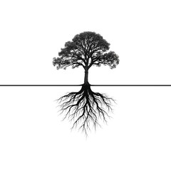 Symmetrical tree composition with prominent roots and a reflective effect in monochrome