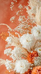 Artistic Flower Arrangement Peonies Baby's Breath Dried Grasses White Orange Tones
