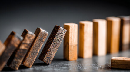 A line of wooden dominoes topples in a chain reaction with a shallow depth of field focusing on the falling blocks against a dark backdrop