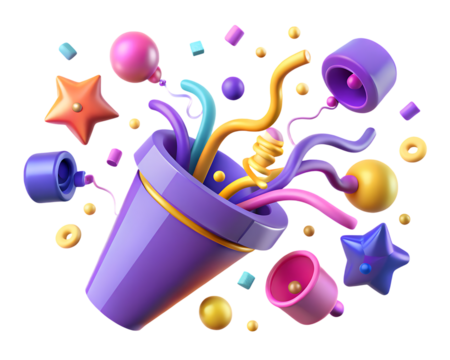 3d icon of party popper exploding with confetti, streamers, and balloons, isolated on transparent background
