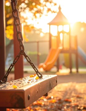 Autumnal playground scene; sunlit swing in focus, blurred play structure in background