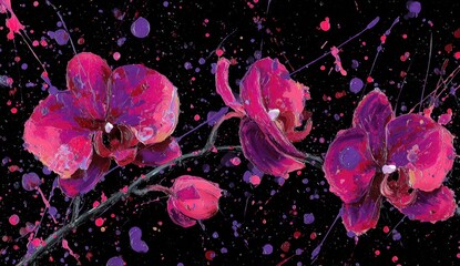 Vibrant artwork showcases stunning orchid blossoms in shades of pink and purple against a dark with splattered paint.