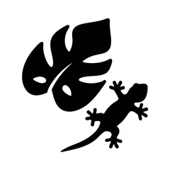 Black silhouette of a gecko and a tropical leaf on a white background