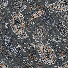 embroidery Paisley vector seamless pattern. Fantastic flower, leaves. Textile bohemian print.  Vintage