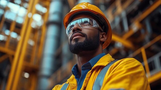 Industrious Engineer in the industrial plant: A focused engineer, clad in safety gear, confidently surveys an industrial facility, representing diligent work, precision, and the essence of industry