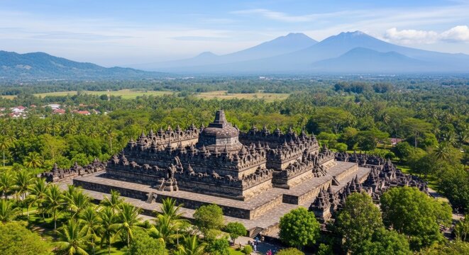 Majestic Aerial Panorama of Borobudur Temple, a UNESCO World Heritage Site, with Distant Indonesian Volcanoes and Lush Tropical Forests Under a Clear Blue Sky