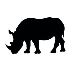 Silhouette of a rhinoceros grazing with its head down on a white background