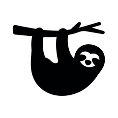 Simple black silhouette of a sloth hanging from a tree branch © Mostak