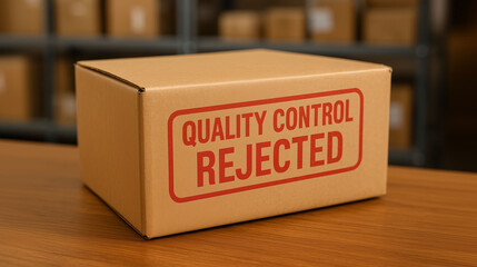 Cardboard box with bold red quality control rejected stamp on warehouse table representing product inspection failure packaging rejection and manufacturing quality assurance issue