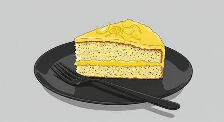 Slice of yellow cake with frosting on black plate and fork illustration
