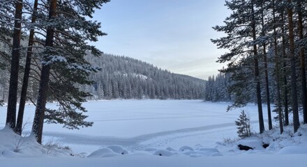 Winter landscape of frozen lake