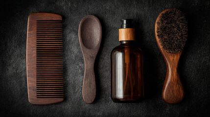 A top-down view of a men's grooming kit with a wooden comb a small spoon an amber glass bottle and a bristle brush on a dark stone surface