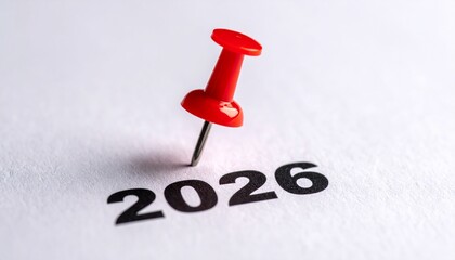 Red pin marks year 2026 on white paper