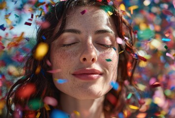 A beautiful woman with freckles smiles gently as colorful confetti floats around her face with closed eyes.