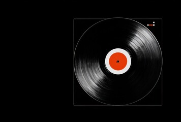 A black vinyl record is displayed on a square, with a bright orange and white label in the center, against a dark .