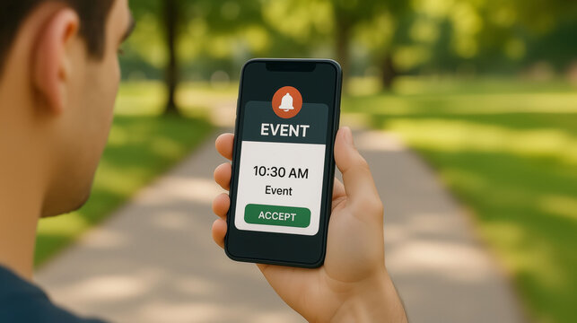 Man holding smartphone in park with event notification alert accept button on screen showing modern digital reminder for schedule and time management