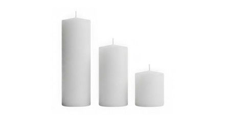 Three white pillar candles of varying heights isolated isolated on transparent background
