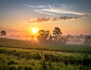 Sunrise over a misty field