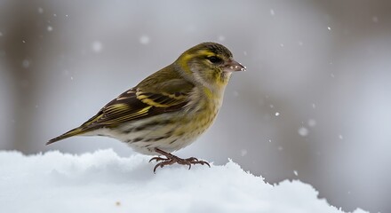 Small bird perched on snow during winter snowfall with natural background