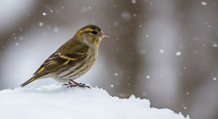 Small bird perched on snow with falling snowflakes in a natural setting
