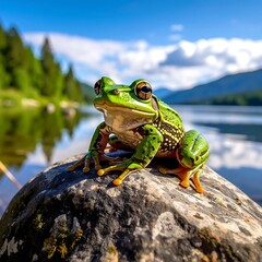Frog on a rock by a lake