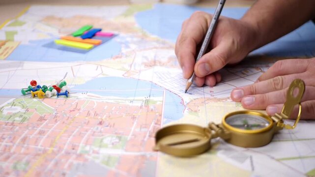 view of a male hand holding a beautiful compass and map as background. searching direction with compass and map. Closeup of hand holding magnetic compass and showing directions.