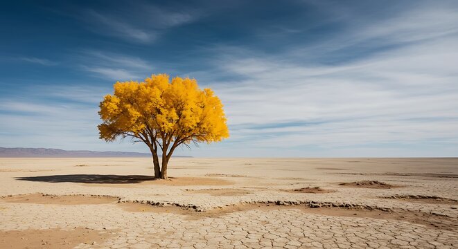 Solitary Golden Tree Stands Tall in Vast Cracked Desert Landscape Under Blue Sky - Powered by Adobe