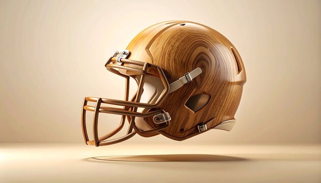 Conceptual sports equipment featuring a unique football helmet carved from polished wood grain, symbolizing natural strength and organic design