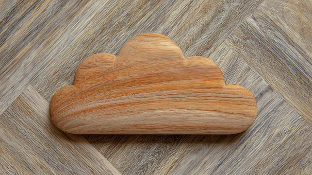 A single wooden cloud symbol with a natural grain rests on a stylish gray brown herringbone wood surface