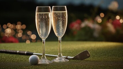 Two champagne glasses with sparkling wine placed on golf green with golf club and ball during luxury celebration event at night with bokeh lights in background