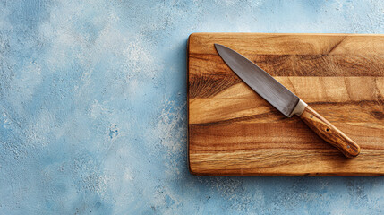 A sharp kitchen knife with a wooden handle rests atop a wooden cutting board on a textured blue surface with copy space