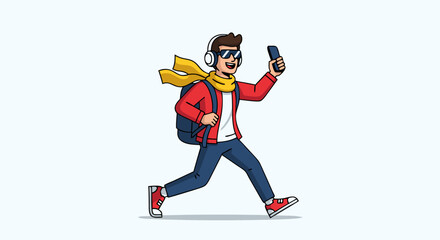 Energetic young man with headphones and scarf, walking while holding a smartphone and smiling, conveying a sense of joy and active lifestyle