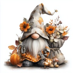 Watercolor Halloween gnome in costume with autumn accents, cute Halloween gnome illustration with fall details, festive Halloween gnome art in autumn  