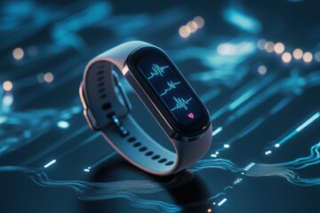 Smart fitness tracker displaying heart rate data on a futuristic interface
