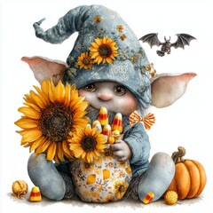 Watercolor Halloween gnome with candy corn and sunflowers, Halloween gnome illustration with patterned hat and sunflowers, cute Halloween gnome art holding candy corn and sunflowers