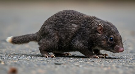 Small rodent on asphalt with a blurred background and copy space