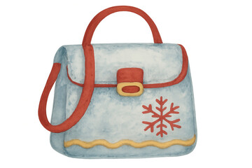 Handbag illustration with red snowflake and wave details, creating a charming winter fashion accessory watercolor design