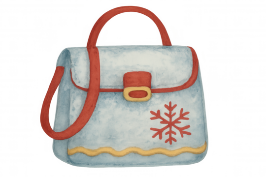 Handbag illustration with red snowflake and wave details, creating a charming winter fashion accessory watercolor design