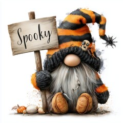 Cute halloween illustration Watercolor illustration, adorable Halloween gnome with a black and orange striped hat, holding a spooky sign, surrounded by spiderwebs and small pumpkins, isolated on white