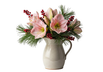 Elegant pink amaryllis flowers and holly berries in a white pitcher isolated on transparent background