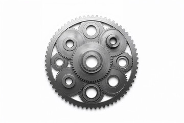 Industrial gear mechanism set with multiple steel cogwheels arranged in a circle, symbolizing engineering, machinery, teamwork, mechanical precision and industrial technology on white background