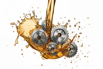 Metal gears splashed with golden engine oil on white background, symbolizing automotive lubrication, mechanical engineering, transmission fluid, motor maintenance and industrial technology